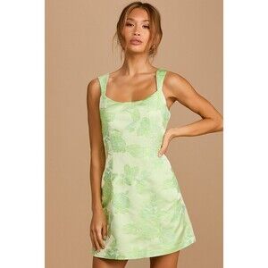Lulus Brighter Side Light Green Floral Satin Jacquard Mini Dress - Size XS